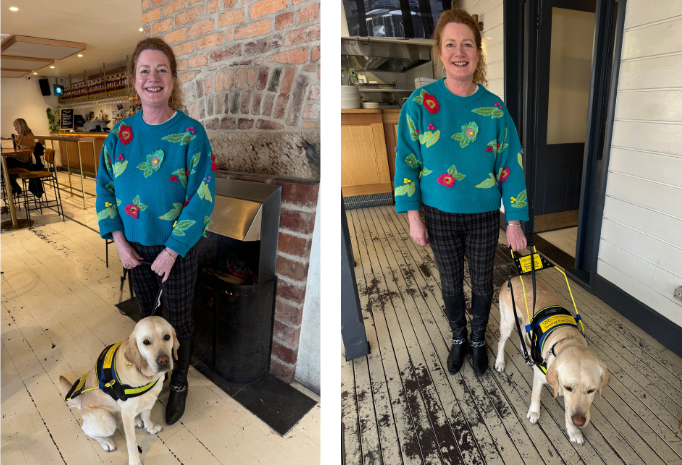 Angela, standing in a pub, next to her Seeing Eye Dog, Yuki.