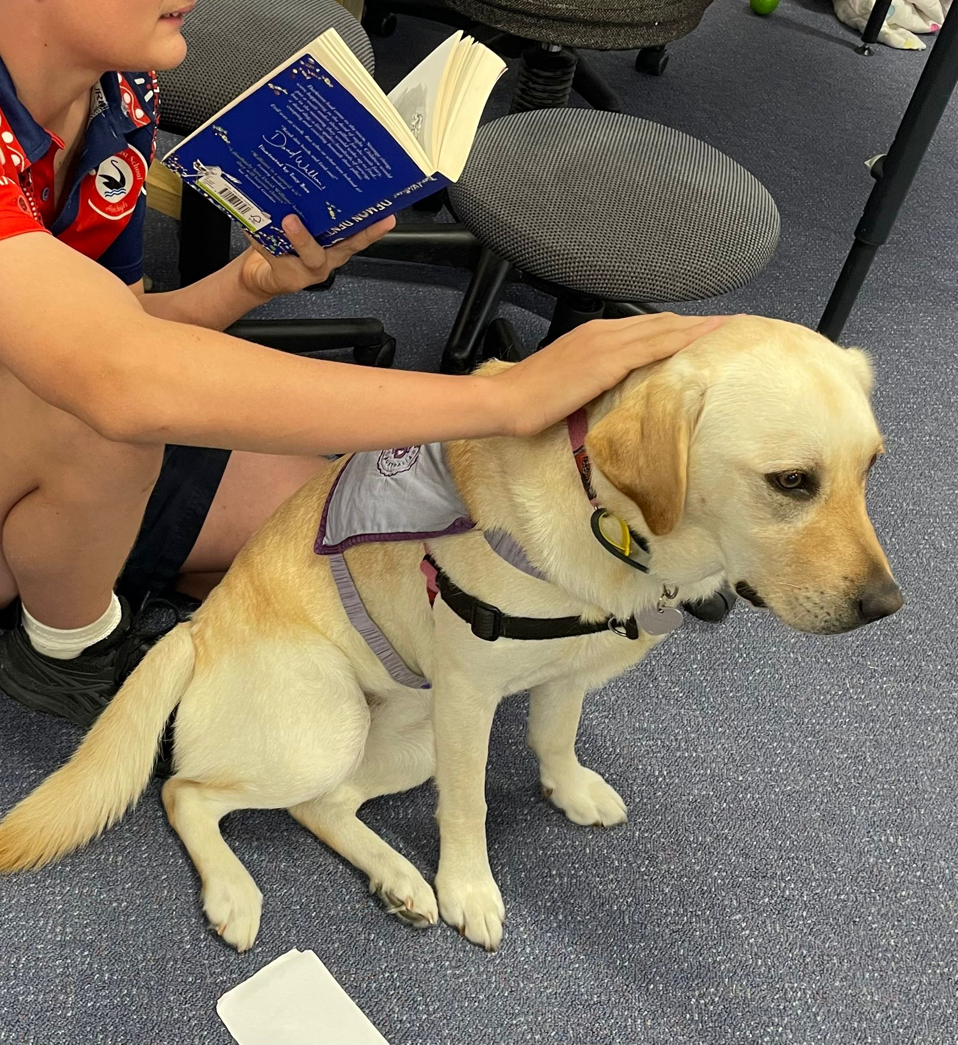 "Lady receiving a pat from a student as the student reads from a book."