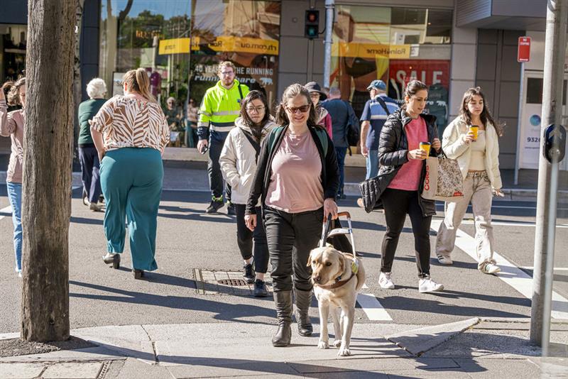 A woman walking along a city street, guided by a Seeing Eye Dog