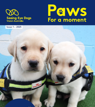 the cover of the January 2025 Seeing Eye Dogs newsletter, PAWS for a Cause