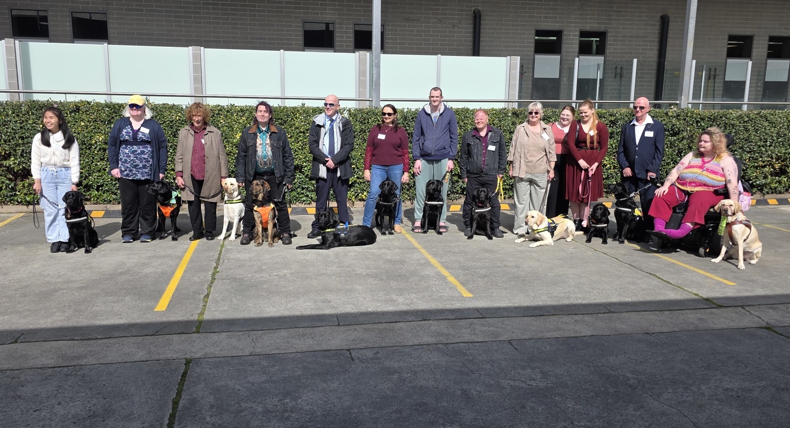 A group of Seeing Eye Dogs and handlers stand outside the Seeing Eye Dogs training centre