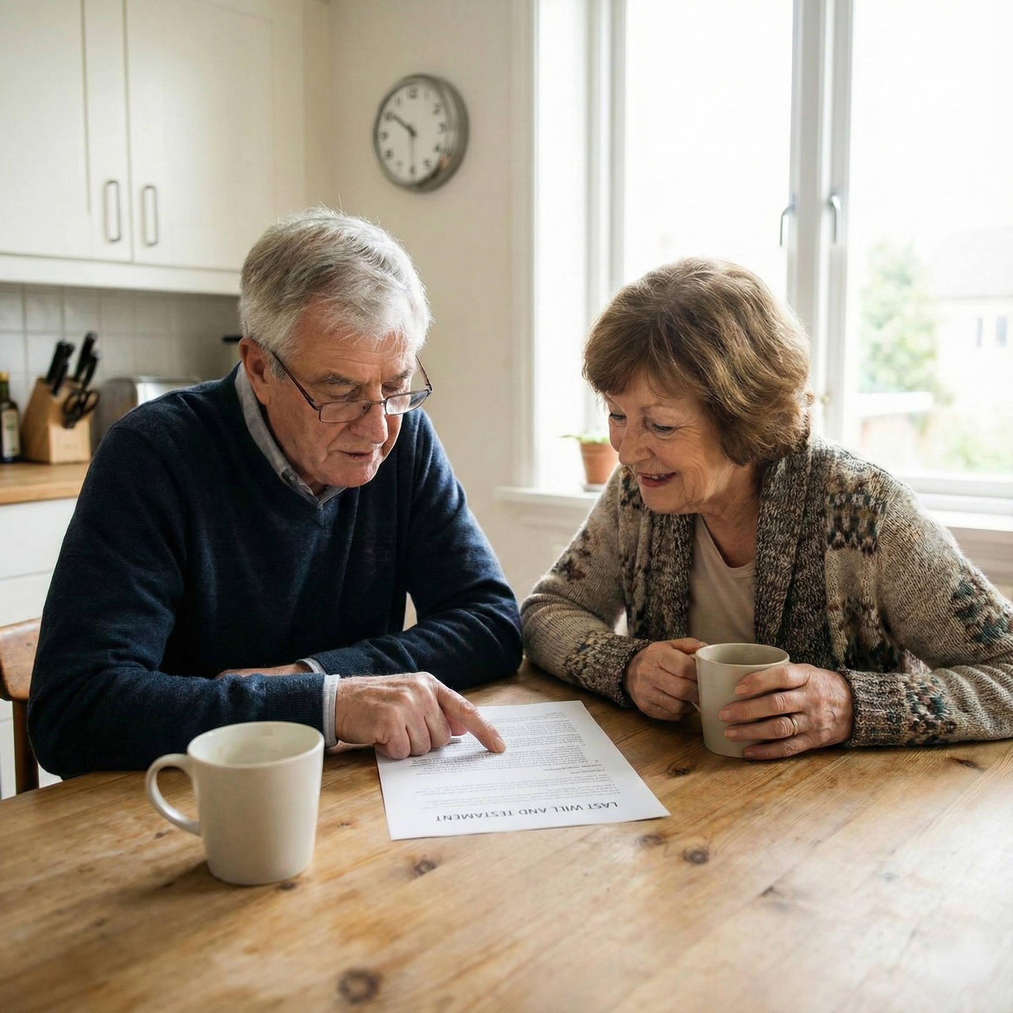 A man and a woman are sitting in a sunny kitchen, reviewing a document.