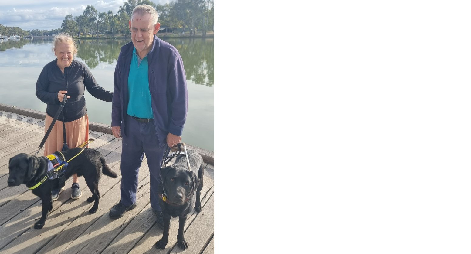 Beverley and Warwick with their Seeing Eye Dogs Alfred and Oslow at the lake.