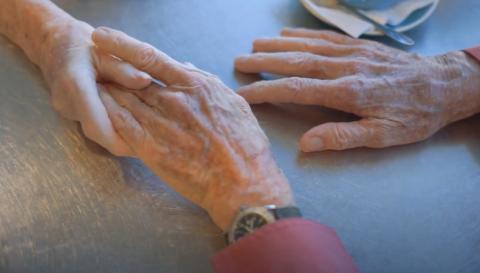 Two people holding hands, one of the hands belongs to an older person.