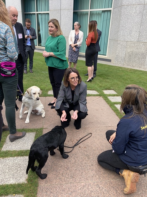 A woman in business dress squats down to talk to another woman next to black lab puppy