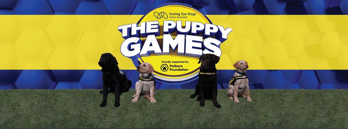 Text: Seeing Eye Dogs The Puppy Games, surrounded by 4 Labrador SED wearing harnesses