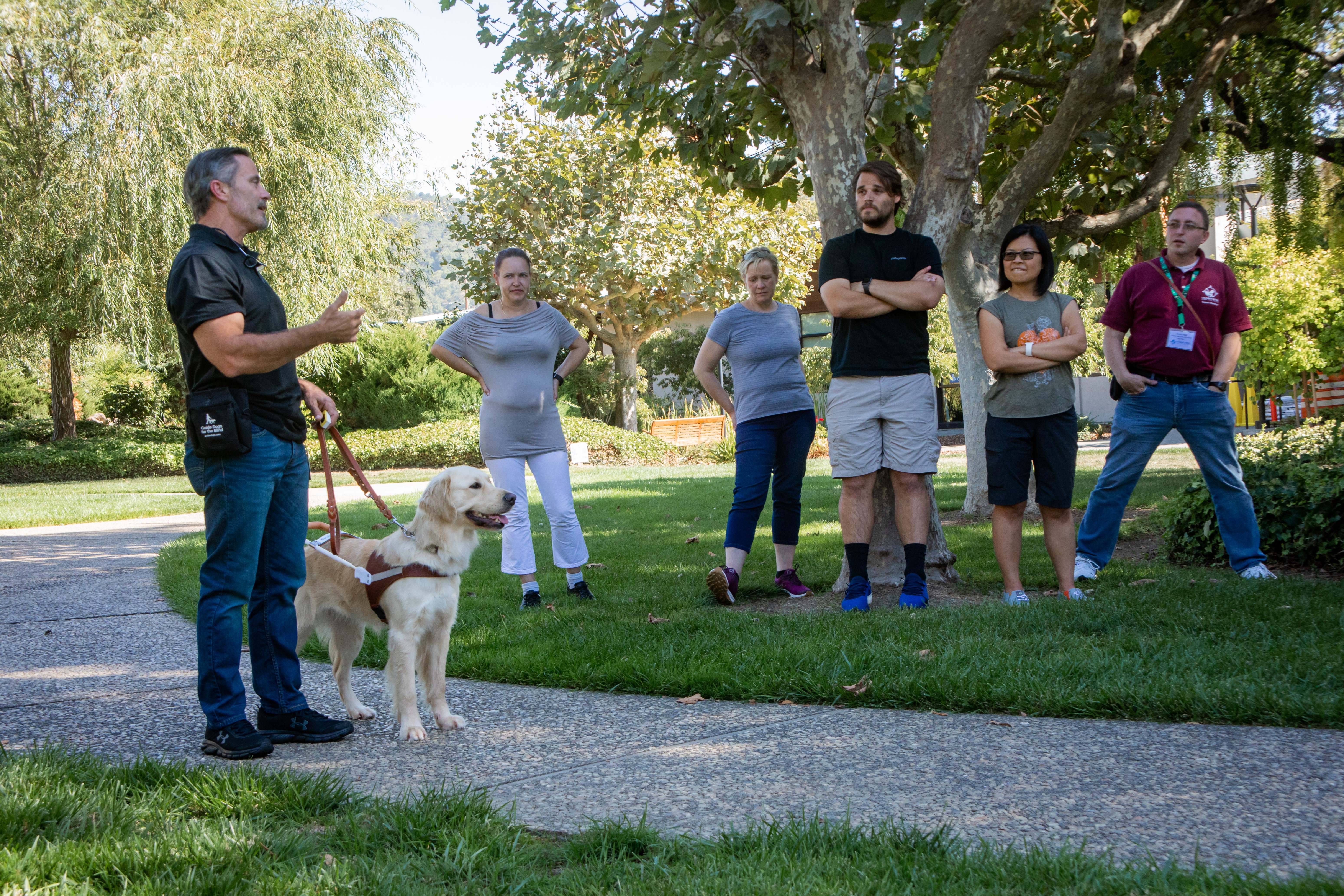 A Lecturer talking on a stony path with a dog guide, five people look and listen to the side