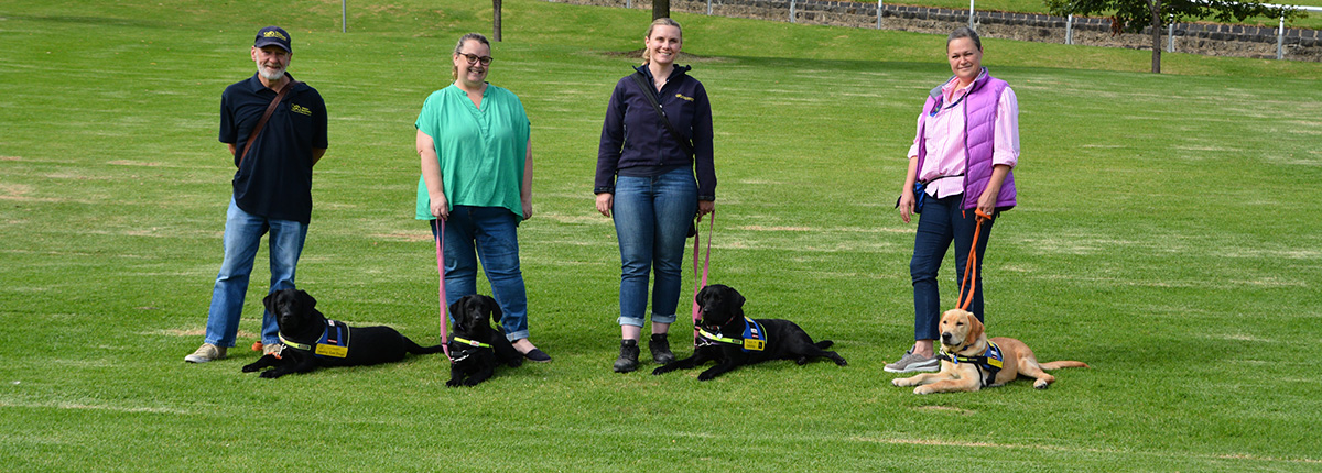Four puppy carers smile at the camera, holding the leads of Seeing Eye Dogs
